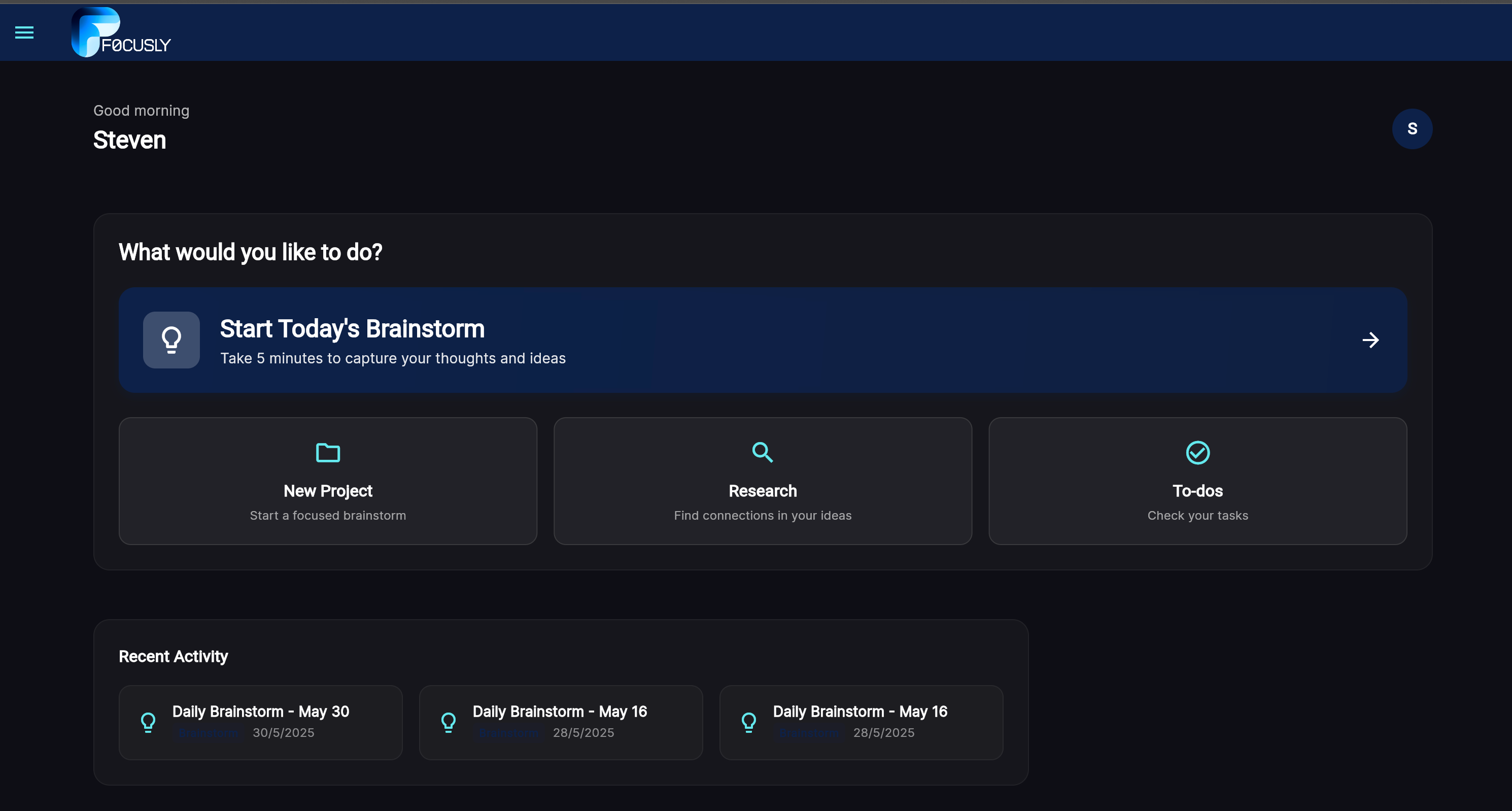 F0cusly dashboard showing idea capture