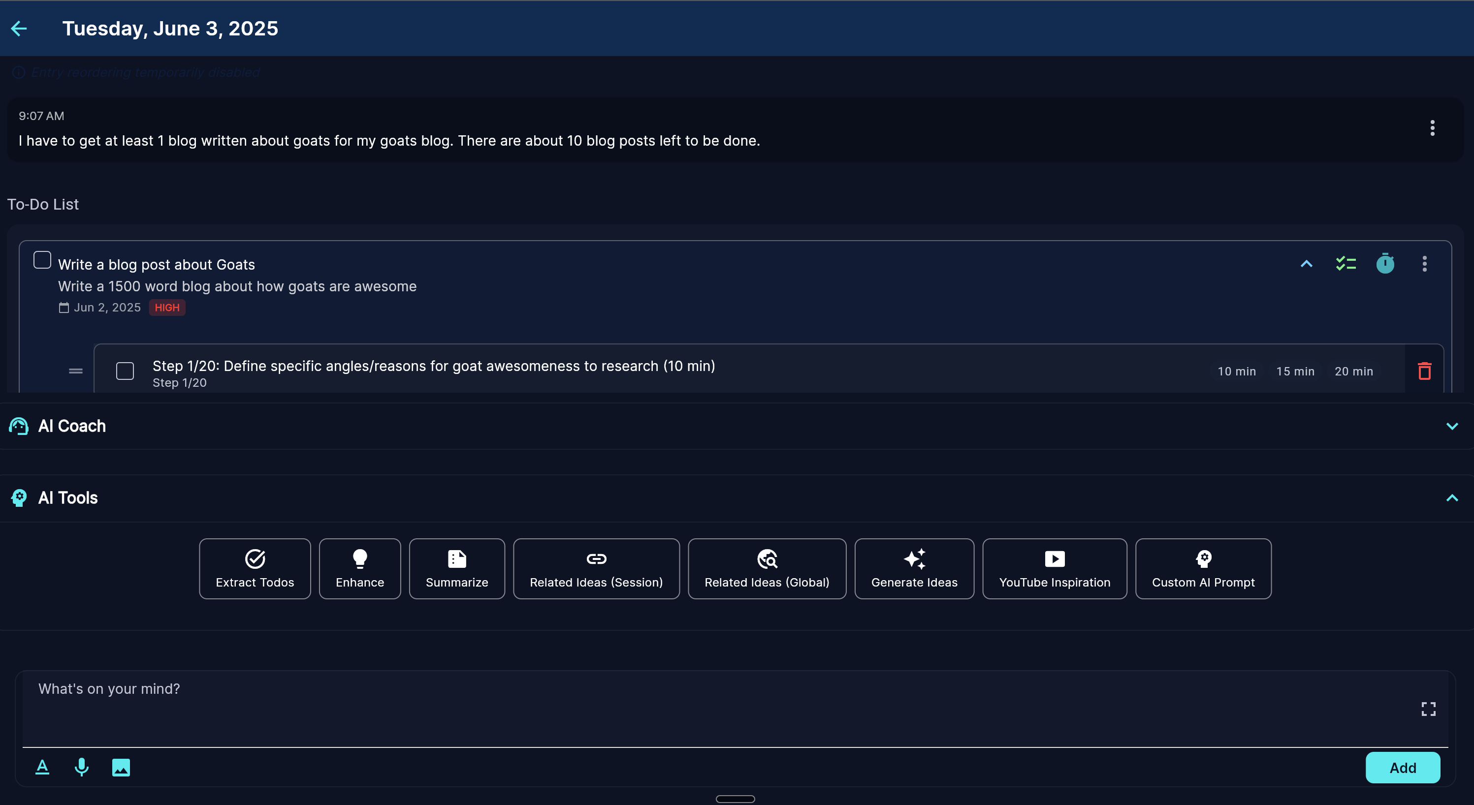 Task breakdown view with 10-minute chunks